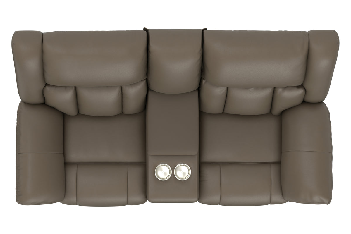 Taupe power reclining console loveseat close-up showing center console with dual buttons.