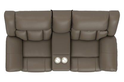 Taupe power reclining console loveseat close-up showing center console with dual buttons.