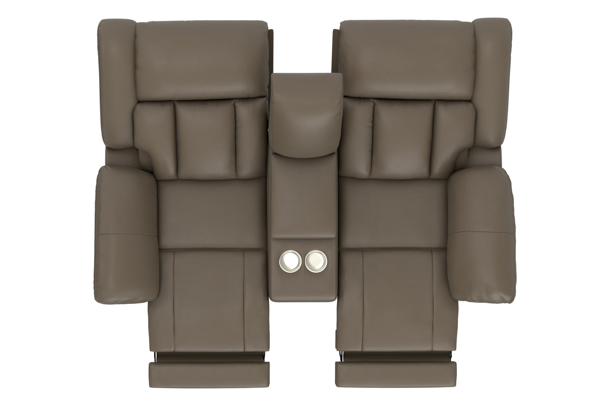 Taupe power reclining console loveseat front view with two recliner seats and center console.