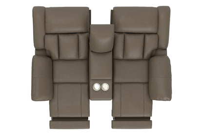 Taupe power reclining console loveseat front view with two recliner seats and center console.