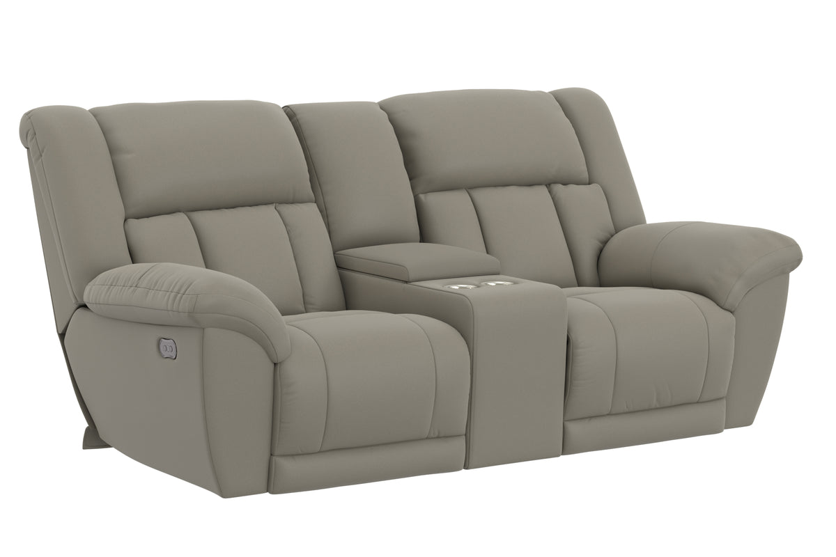 Light taupe power reclining loveseat with cushioned arms and center console, 3/4 view.