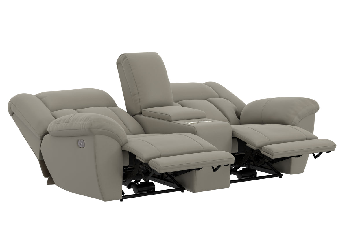 Taupe power reclining console loveseat with open recline mechanism under seats.