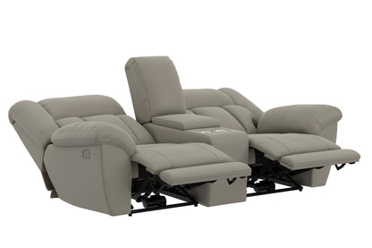 Taupe power reclining console loveseat with open recline mechanism under seats.