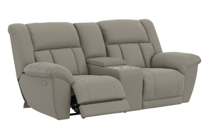Light taupe power reclining loveseat with center console and reclined chaise seats, 3/4 view.