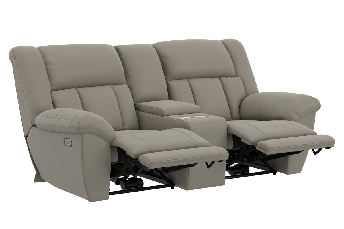 Light taupe power reclining loveseat with center console, reclined seats and footrests.