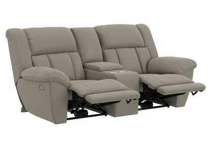 Light taupe power reclining loveseat with center console, reclined seats and footrests.