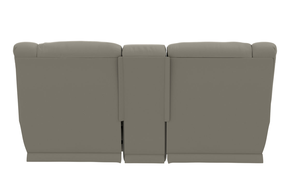 Light taupe power reclining loveseat with center console, front view.