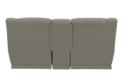 Light taupe power reclining loveseat with center console, front view.