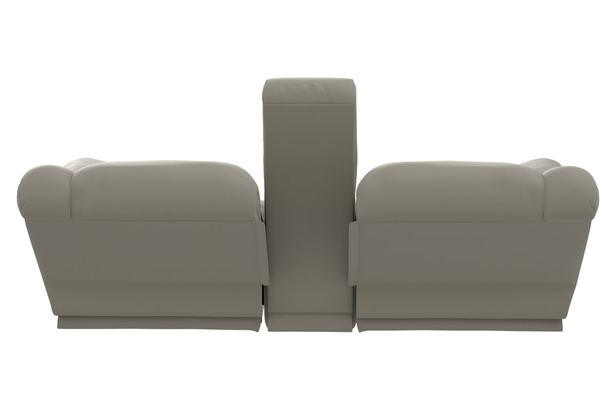 Taupe power reclining loveseat with tall backrest and console between seats.