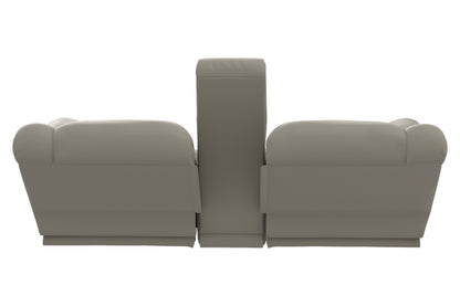 Taupe power reclining loveseat with tall backrest and console between seats.