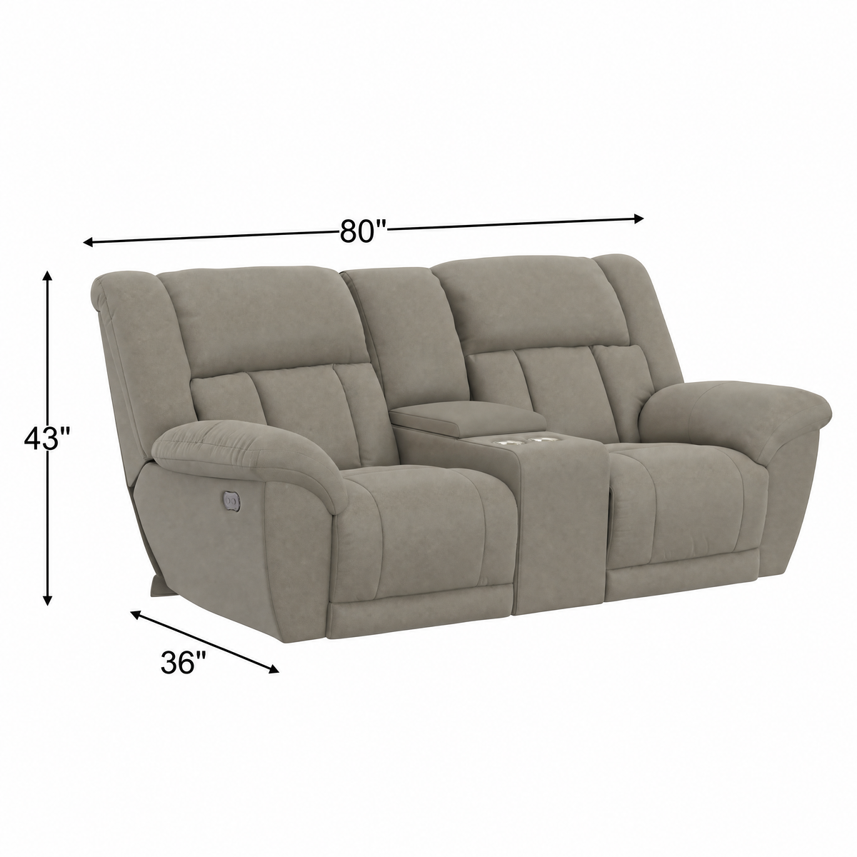 Smoke gray power reclining console loveseat, 80 in wide, 43 in high, 36 in deep