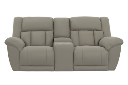 Light taupe power reclining loveseat with center console, padded arms, front view.