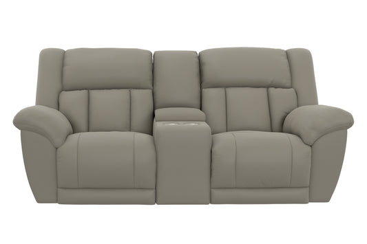 Light taupe power reclining loveseat with center console, padded arms, front view.