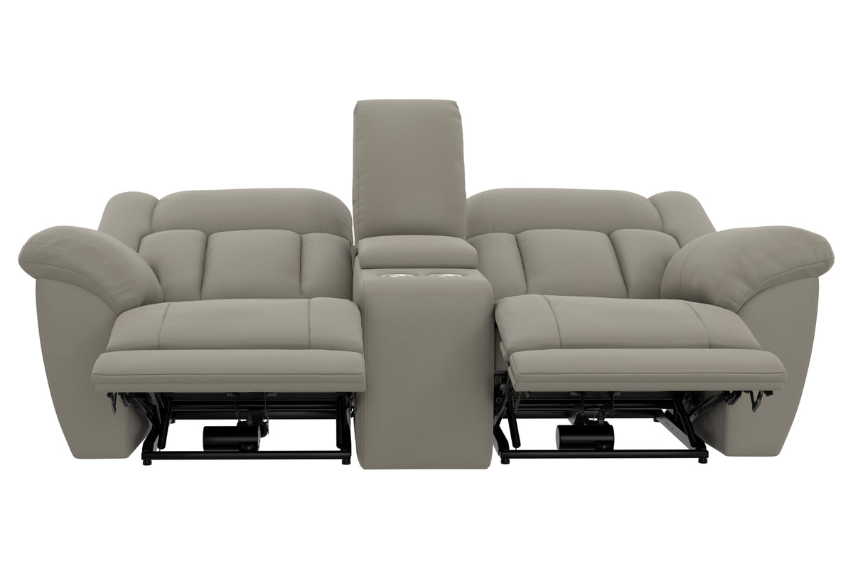 Light taupe power reclining loveseat with extended footrests and center console, side view.