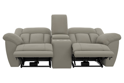 Light taupe power reclining loveseat with extended footrests and center console, side view.
