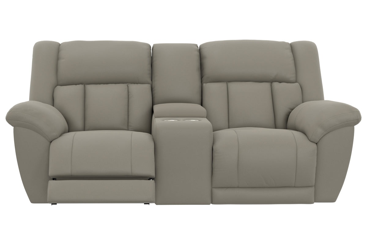 Gray reclining console loveseat with three padded seat sections and wide armrests