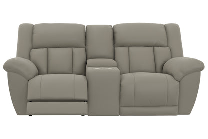 Gray reclining console loveseat with three padded seat sections and wide armrests