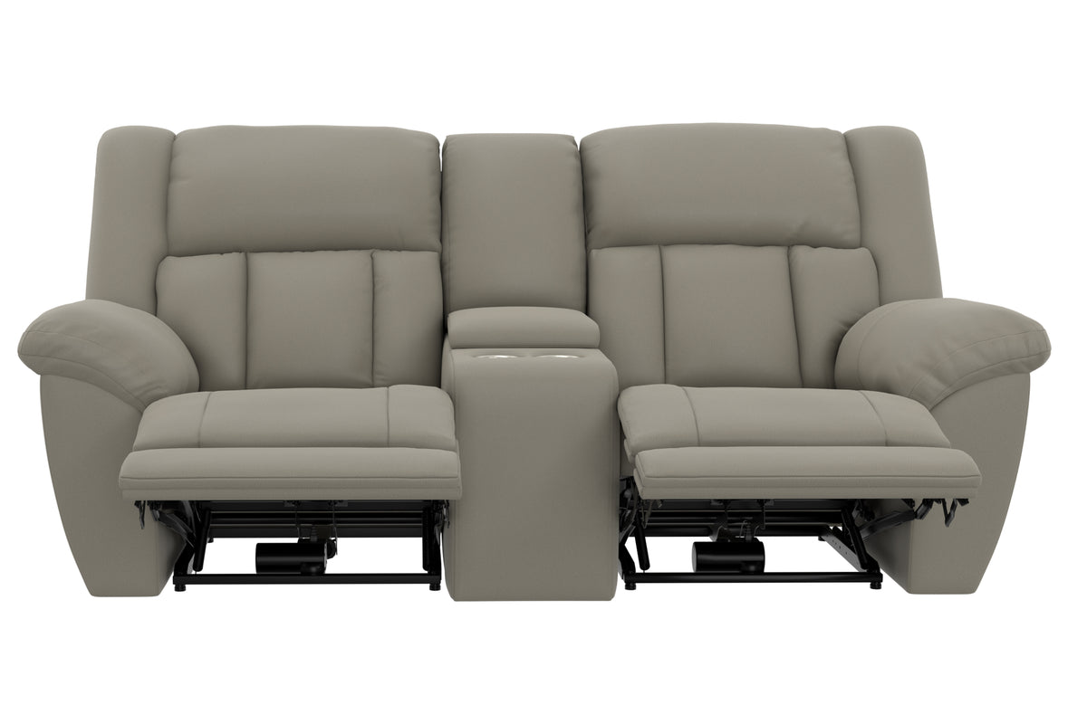 Light taupe power reclining loveseat with center console, reclined seats, front view.