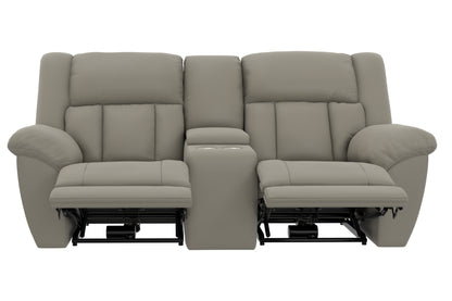 Light taupe power reclining loveseat with center console, reclined seats, front view.