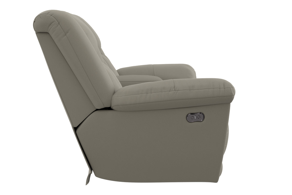 Taupe power reclining console loveseat with side profile and arm control panel.