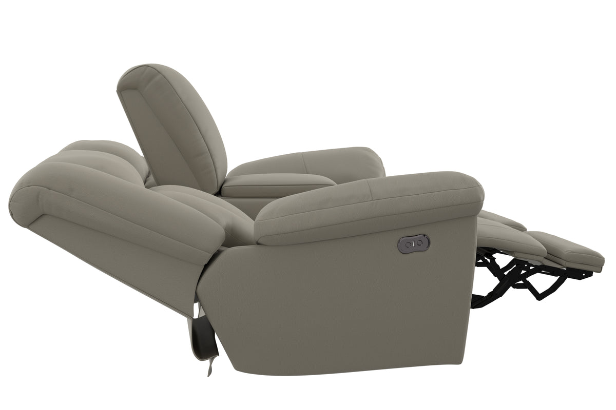 Taupe power reclining loveseat arm and console with extended footrest details.