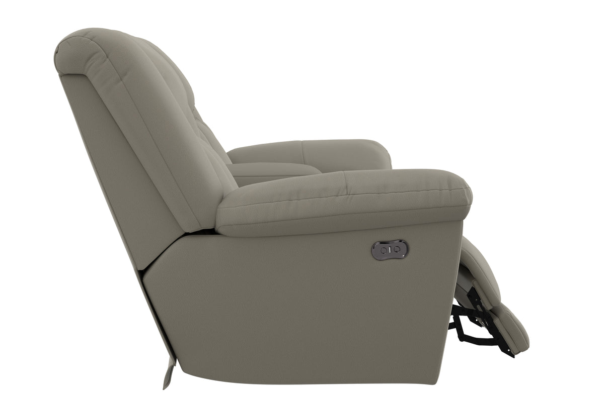 Taupe power recliner loveseat showing arm console control panel and side recline.