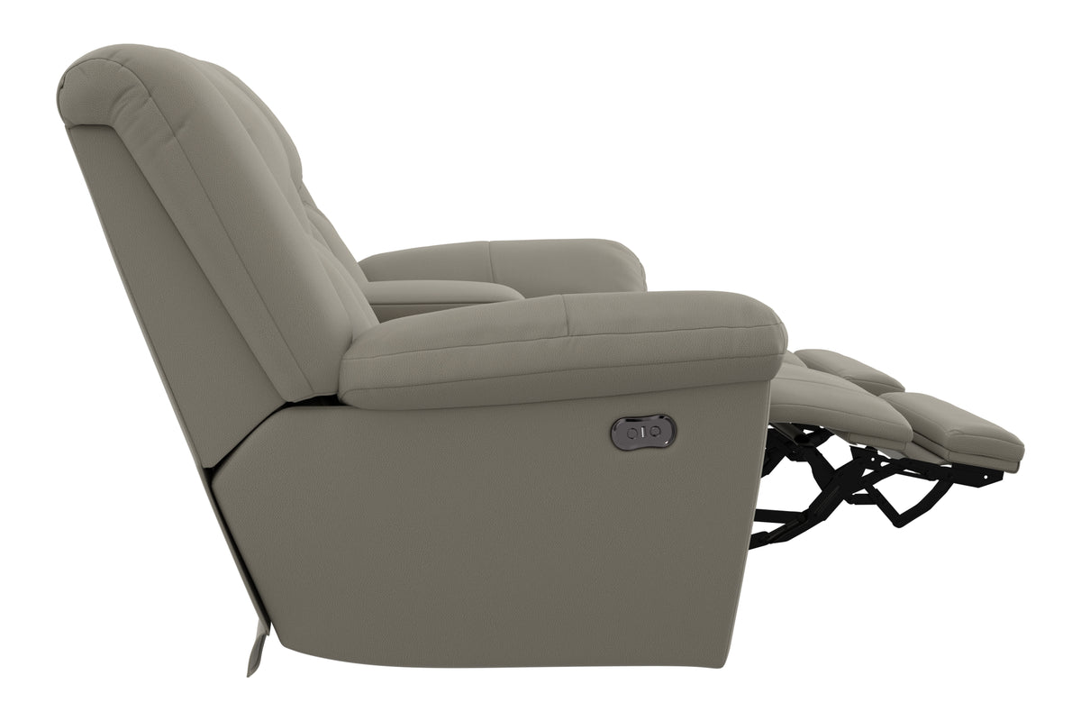 Light taupe power reclining loveseat with center console control, side view.