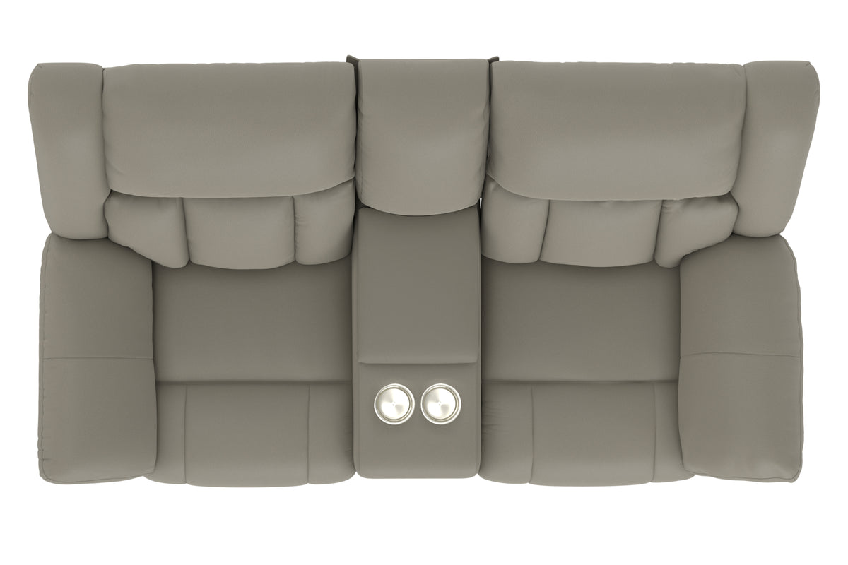 Light taupe loveseat back panel with center console and round buttons.