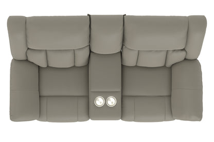 Light taupe loveseat back panel with center console and round buttons.