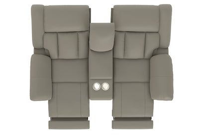 Light taupe loveseat back view with center console and round control buttons.