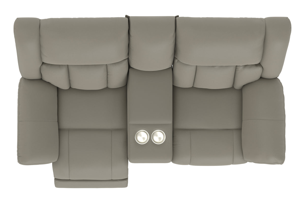 Gray reclining console loveseat with central power control panel and layered back cushions