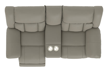 Gray reclining console loveseat with central power control panel and layered back cushions