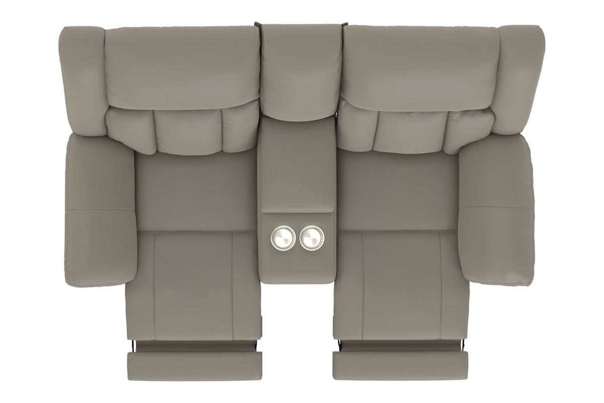 Gray reclining console loveseat with central power control panel and padded armrests