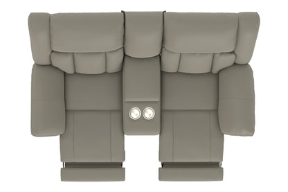Gray reclining console loveseat with central power control panel and padded armrests