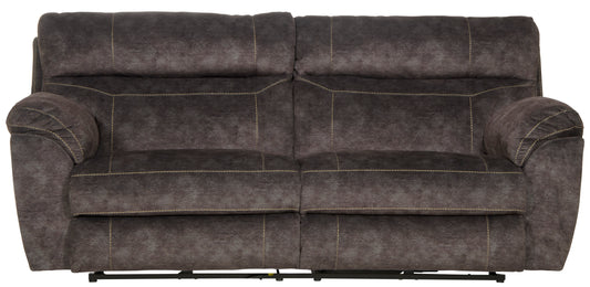Dark brown reclining sofa, front view with padded arms and split back panels