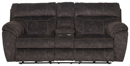 Dark fabric loveseat with center console, padded armrests, and tufted back cushions