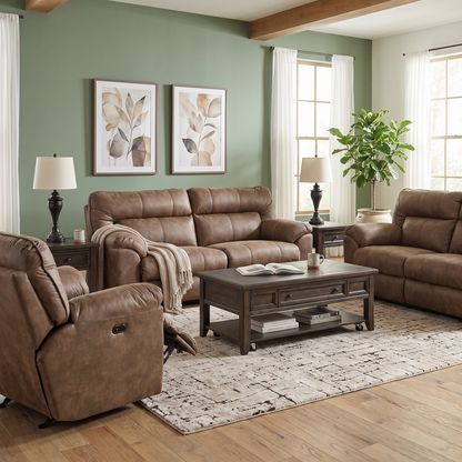 Power reclining sofa with dark brown fabric and padded arms