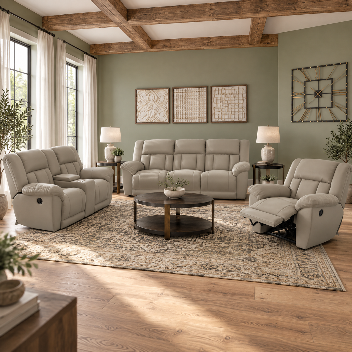 Hugo power reclining console loveseat in taupe upholstery, shown from front corner view.