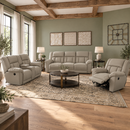 Hugo power reclining console loveseat in taupe upholstery, shown from front corner view.
