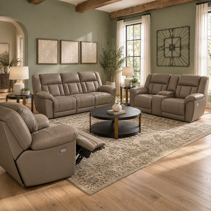 Hugo power reclining console loveseat in taupe fabric with padded arms and console.