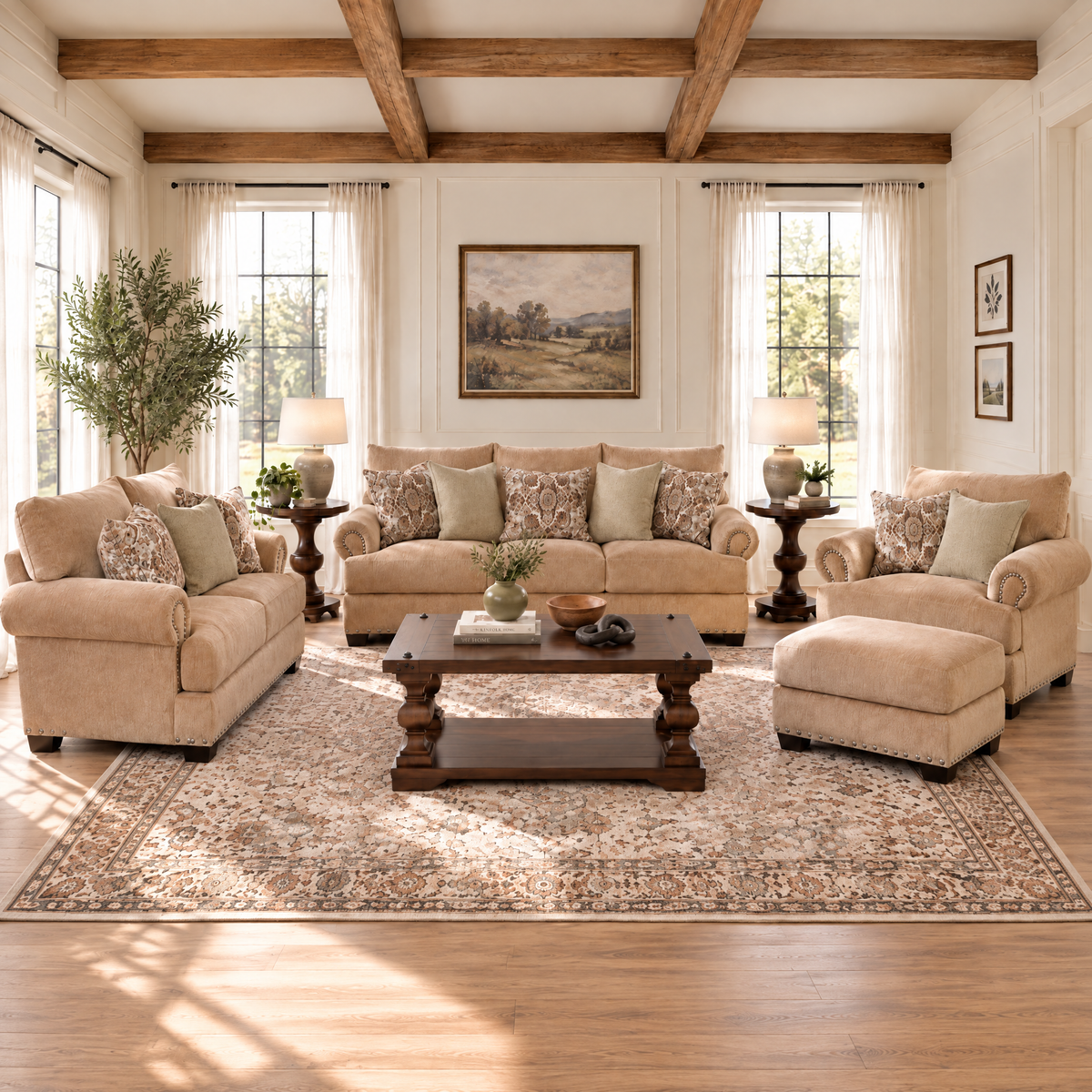 Sand beige upholstered ottoman with rounded arms and low seat cushion