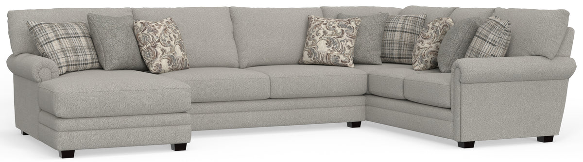 Light gray 3-piece sectional sofa, chaise armrests and patterned throw pillows