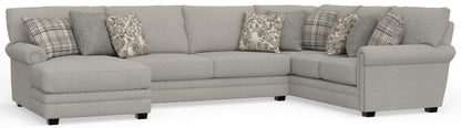 Light gray 3-piece sectional sofa, chaise armrests and patterned throw pillows