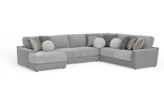 4-piece sectional sofa in light gray with rounded armrests and decorative pillows