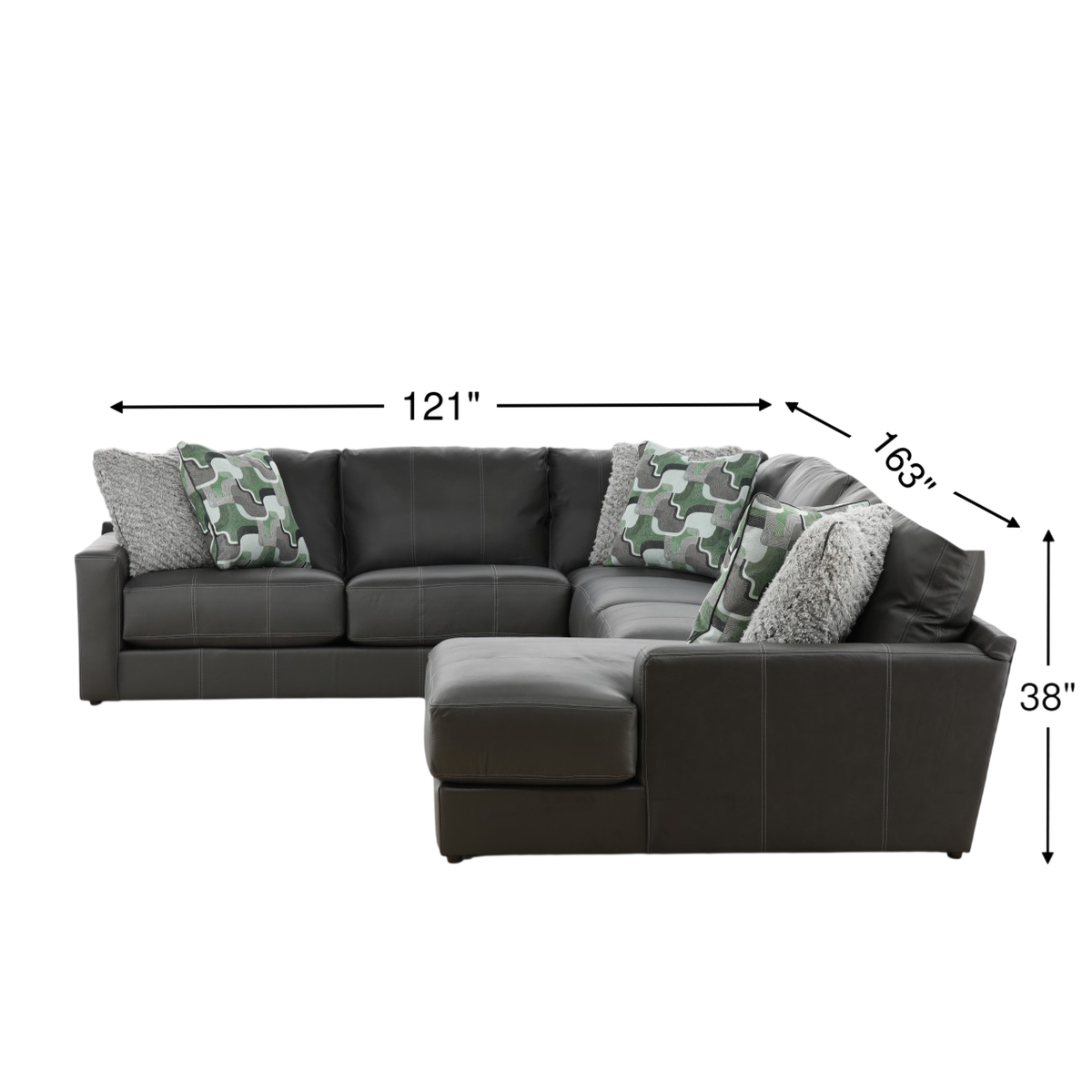Dark gray 5-piece sectional sofa with chaise and camo-style throw pillows.