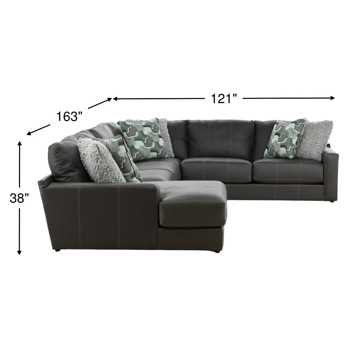 Dark gray sectional chaise, 121 in x 163 in, with camo accent pillows