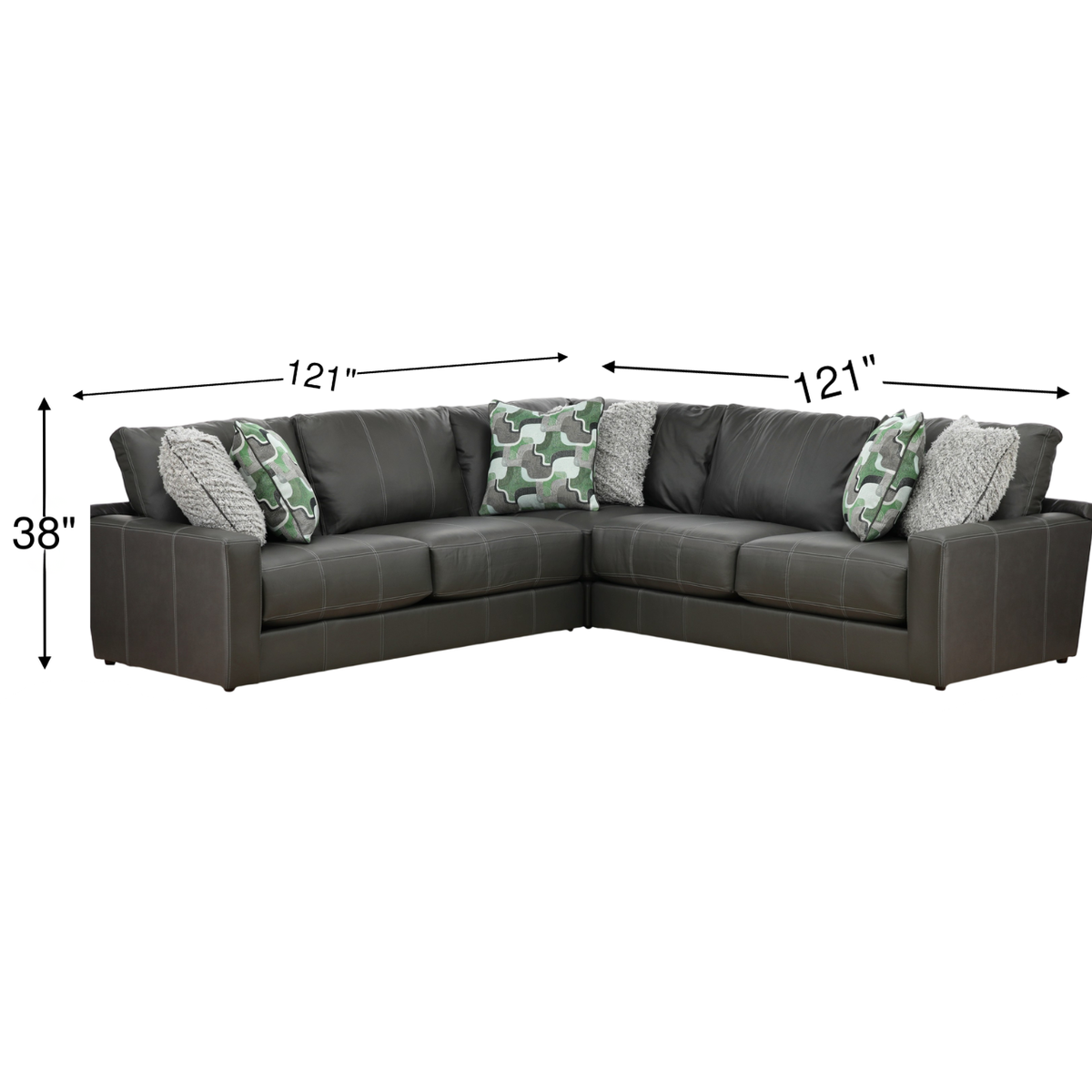 L-shaped dark gray sectional sofa with 4 decorative pillows, three-piece set