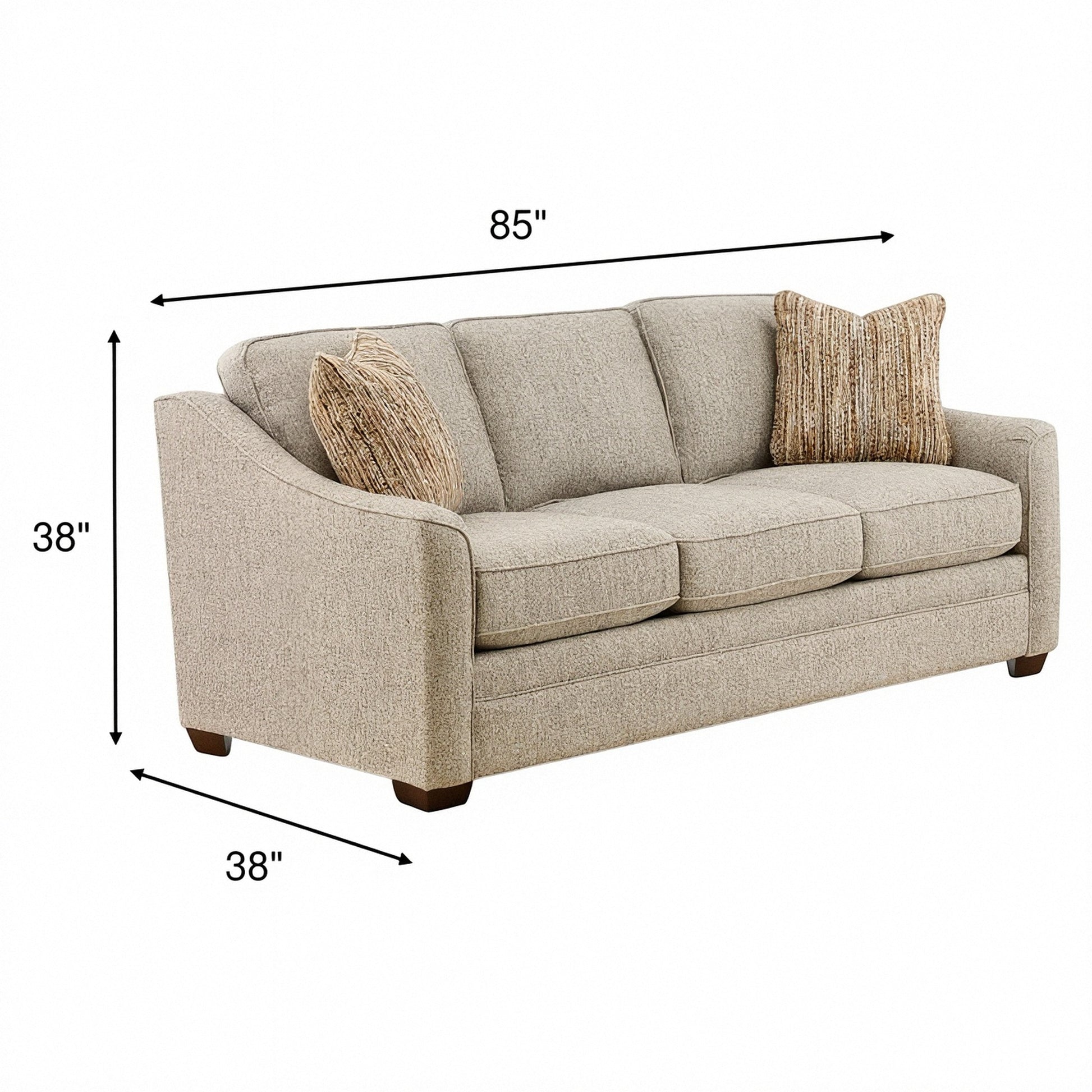 Beige fabric sofa with rolled arms, three seat cushions, and two striped accent pillows.