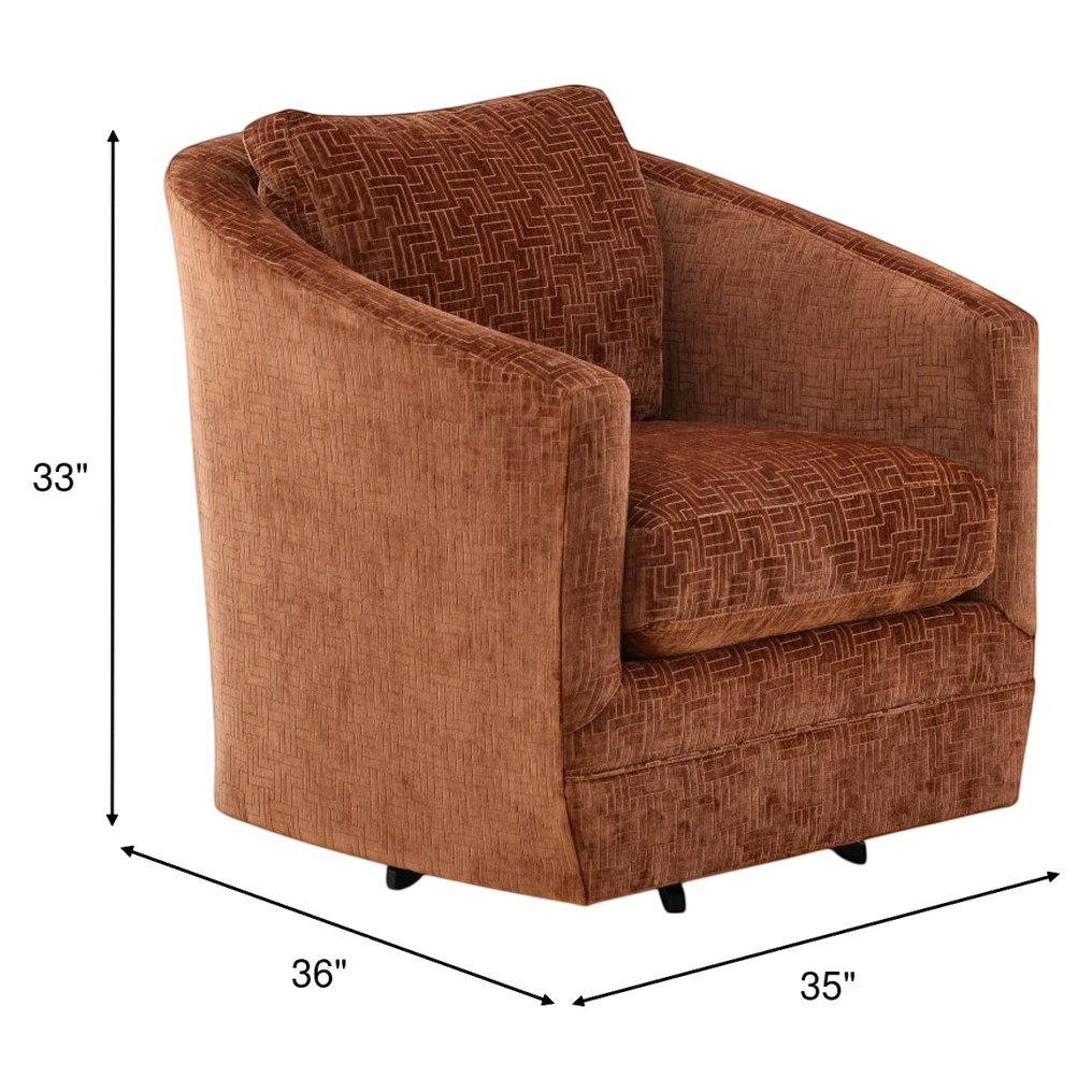 Brown swivel accent chair with geometric-pattern fabric cushions and rounded arms
