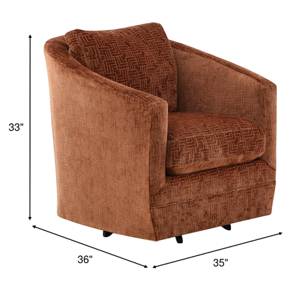 Brown swivel accent chair with geometric-pattern fabric cushions and rounded arms